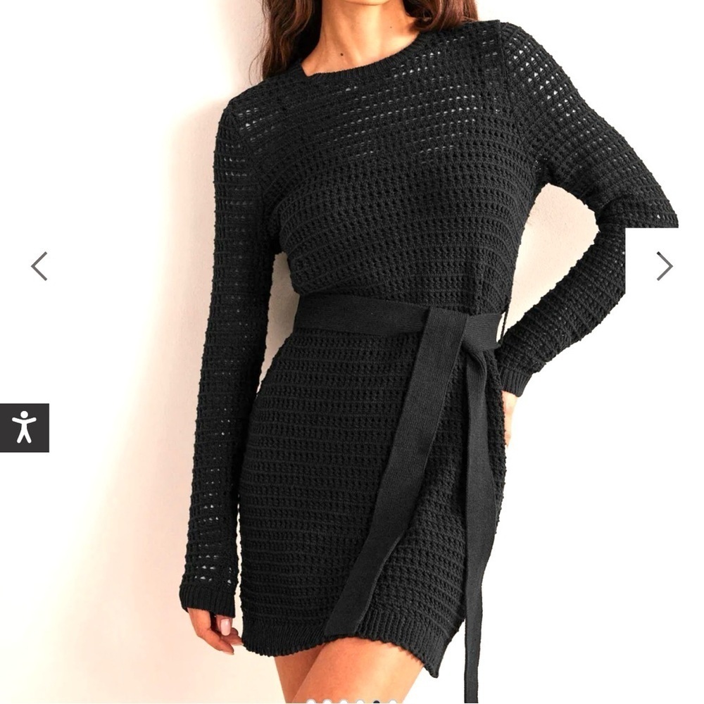 Boden Crochet Knit Dress Tie Waist Black Size 12L 12 Long